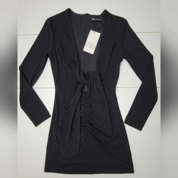 NWT ZARA Tie Front Ruched Black Mini Dress Size Small - Picture 1 of 14